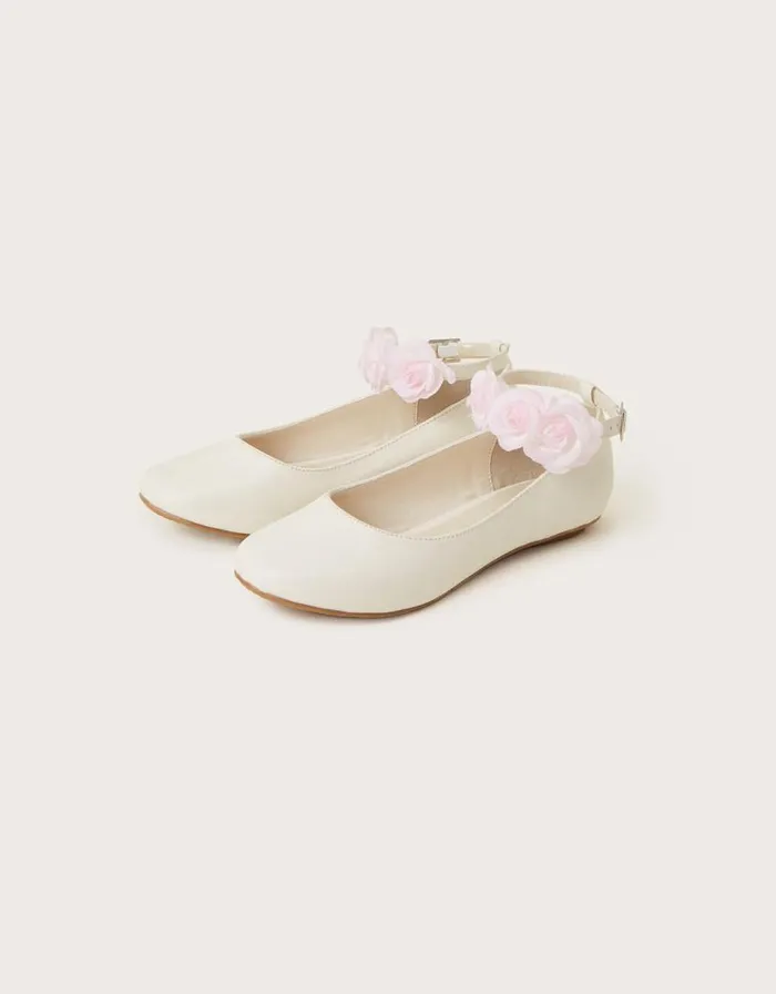 Monsoon Contrast Ankle Corsage Ballerina Flats Ivory Children Partywear