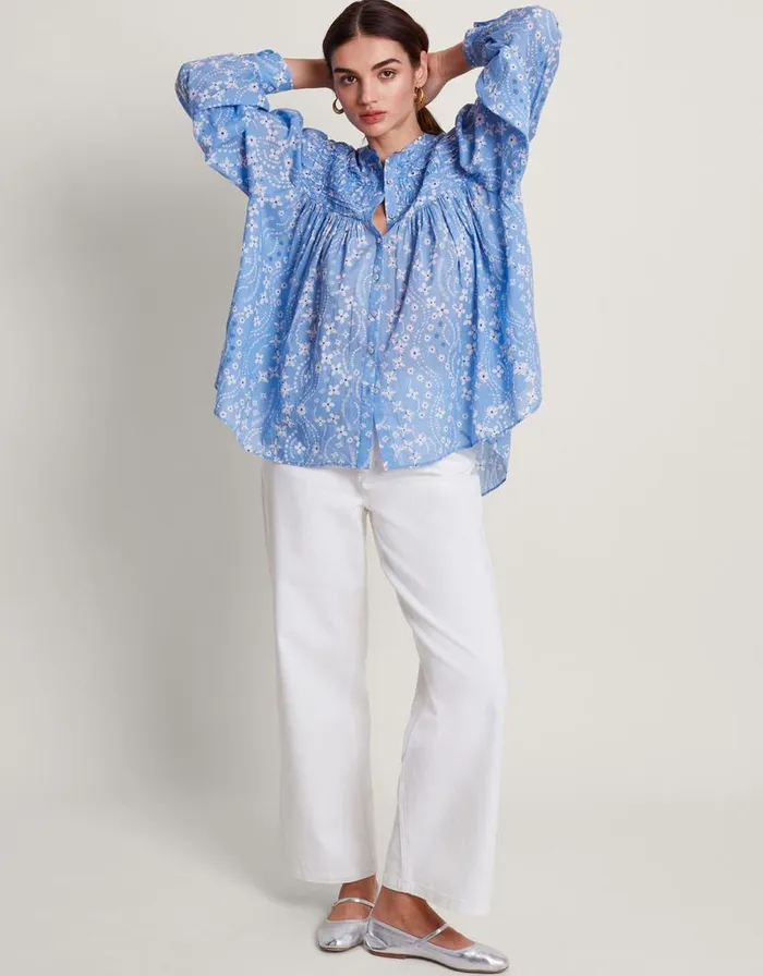 Monsoon Dahlia Print Oversized Shirt Blue Women Tops and Blouses