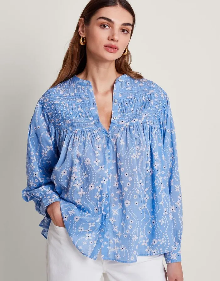 Monsoon Dahlia Print Oversized Shirt Blue Women Tops and Blouses