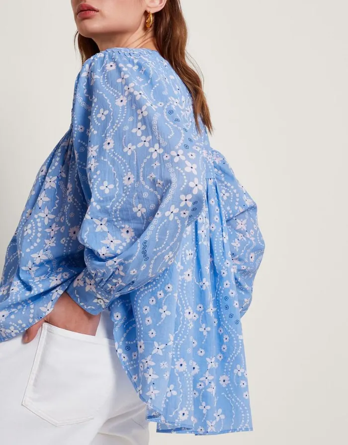 Monsoon Dahlia Print Oversized Shirt Blue Women Tops and Blouses