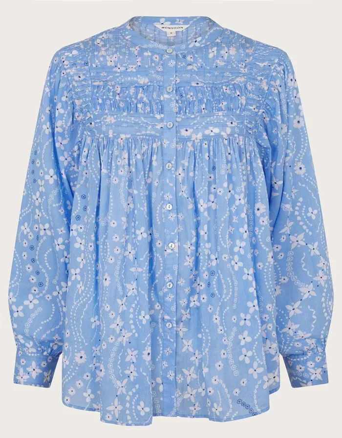 Monsoon Dahlia Print Oversized Shirt Blue Women Tops and Blouses