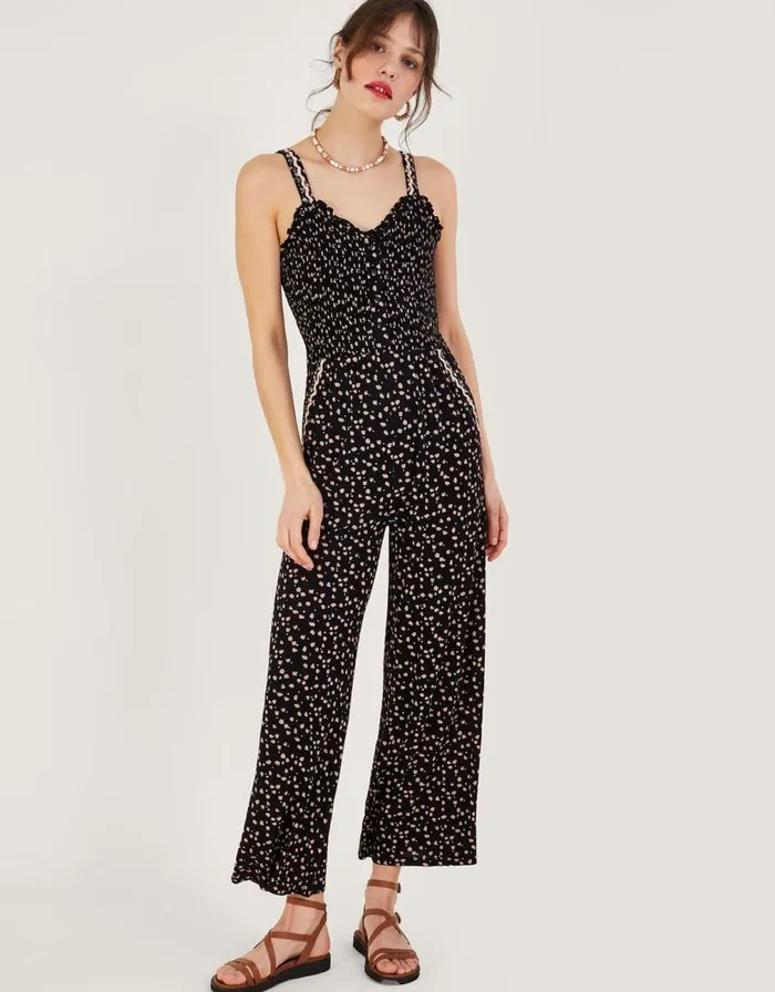 Monsoon Dot Print Shirred Jumpsuit Black Women Work Dresses