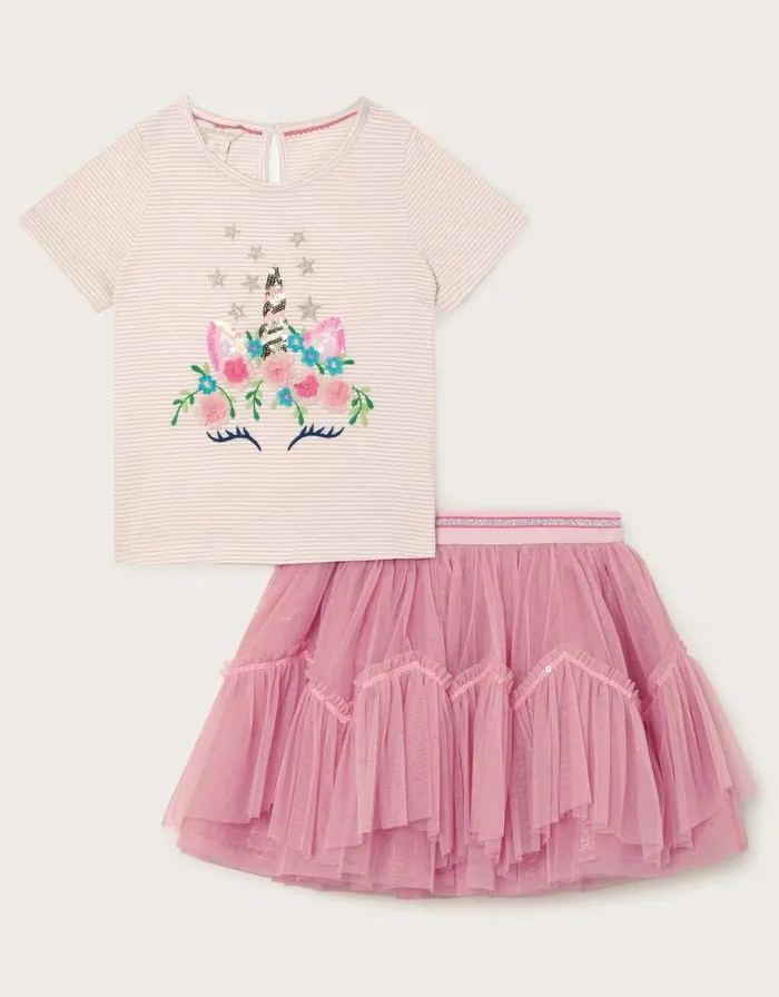 Monsoon Embellished Unicorn Top And Skirt Set Pink Children Sets and Outfits