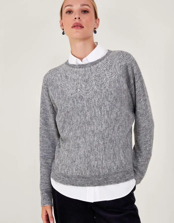 Monsoon Evie Embellished Jumper Grey Women Knitwear