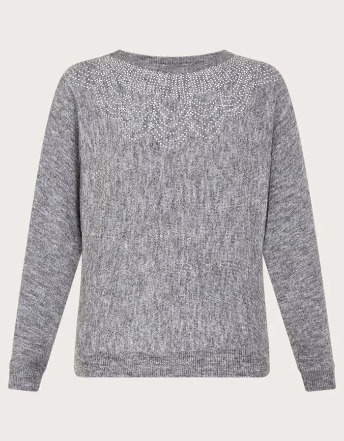 Monsoon Evie Embellished Jumper Grey Women Knitwear Monsoon Evie Embellished Jumper Grey Women Knitwear