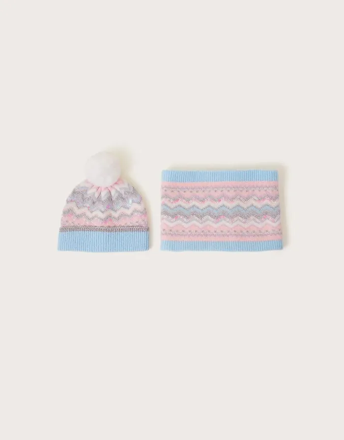 Monsoon Fair Isle Sequin Hat And Neck Warmer Set Multi Children Hats and Sunglasses