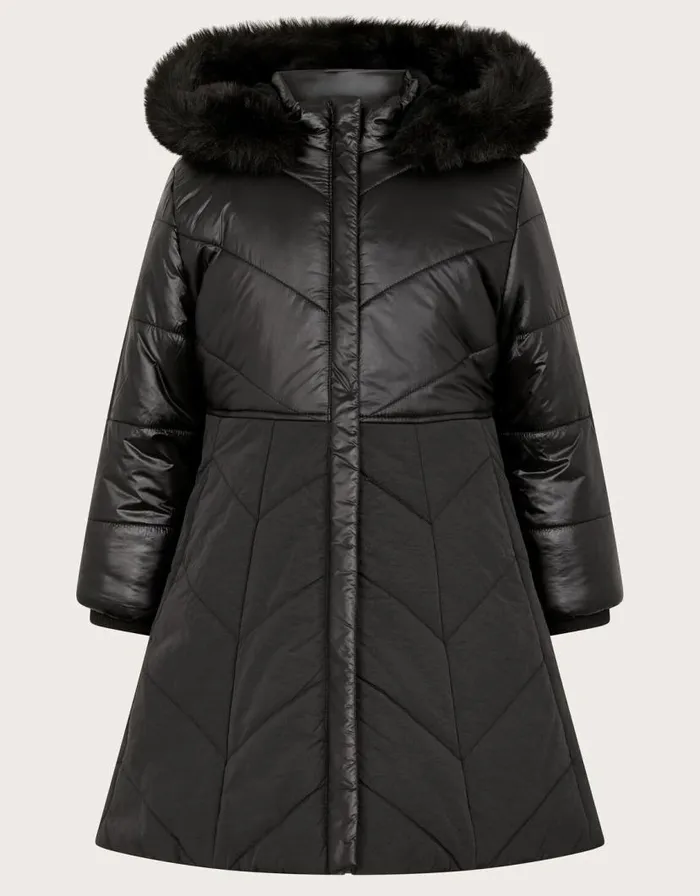 Monsoon Faux Fur Hooded ALine Puffer Coat Black Children Coats and Jackets