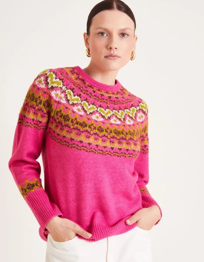 Monsoon Fern Fair Isle Jumper Pink Women Knitwear