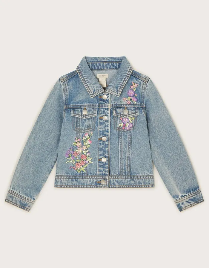 Monsoon Floral Embellished Denim Jacket Blue Children Coats and Jackets