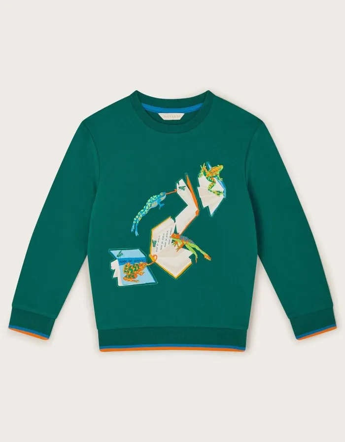 Monsoon Frogs On The Books Sweatshirt Green Children Knitwear Jumpers and Hoodies
