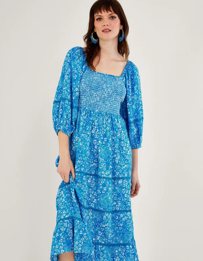 Monsoon Gabby Shirred Dress In Sustainable Viscose Blue Women Midi Dresses