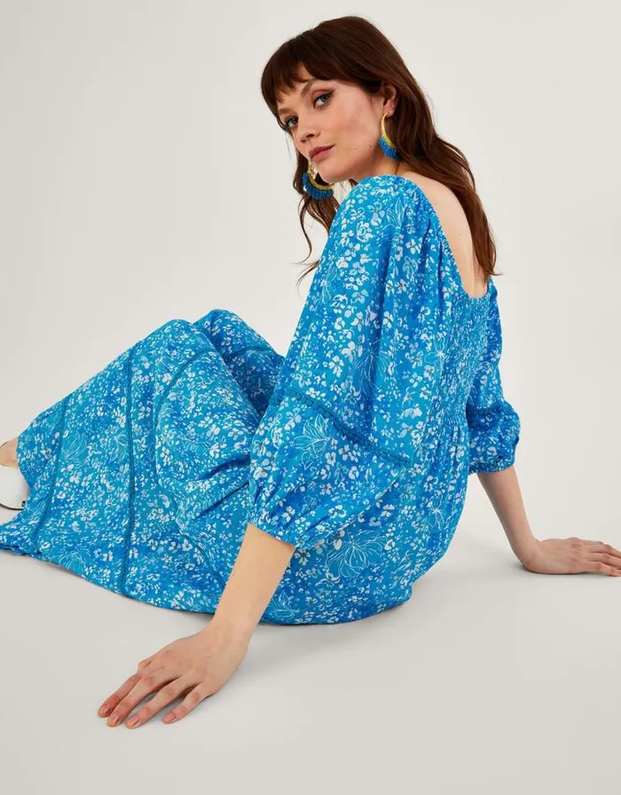 Monsoon Gabby Shirred Dress In Sustainable Viscose Blue Women Midi Dresses Monsoon Gabby Shirred Dress In Sustainable Viscose Blue Women Midi Dresses