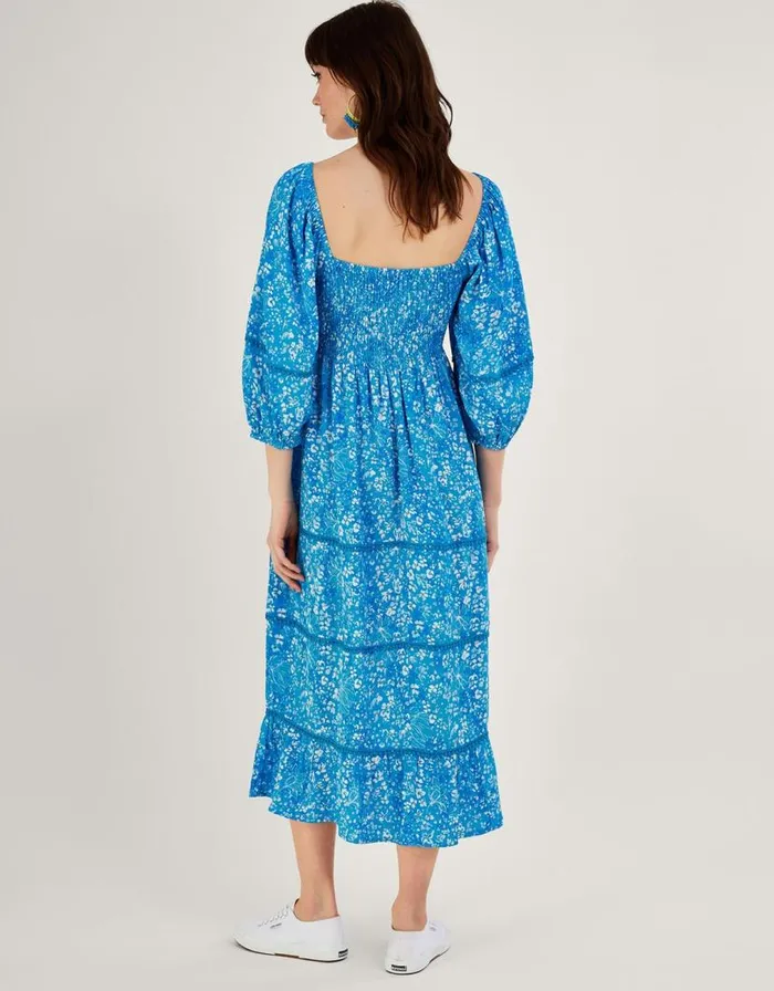 Monsoon Gabby Shirred Dress In Sustainable Viscose Blue Women Midi Dresses Monsoon Gabby Shirred Dress In Sustainable Viscose Blue Women Midi Dresses