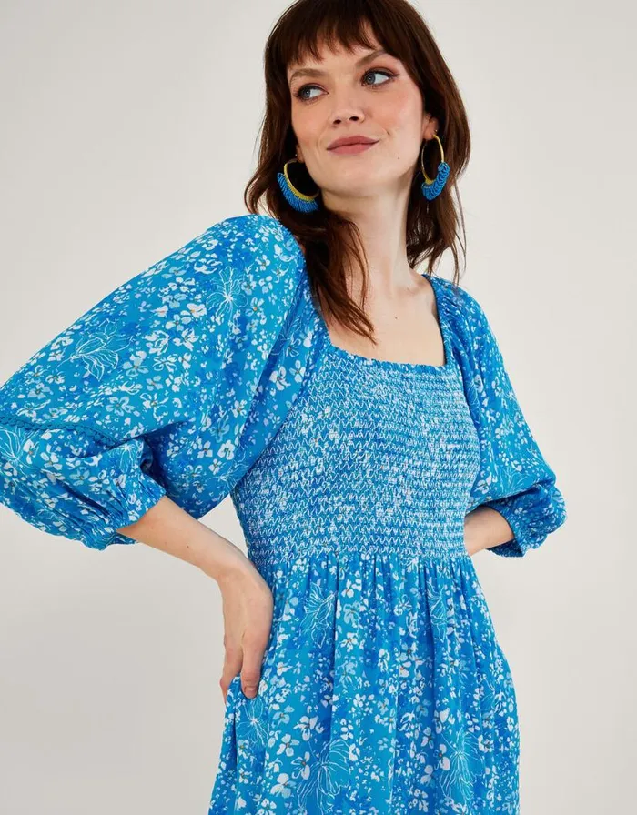 Monsoon Gabby Shirred Dress In Sustainable Viscose Blue Women Midi Dresses Monsoon Gabby Shirred Dress In Sustainable Viscose Blue Women Midi Dresses