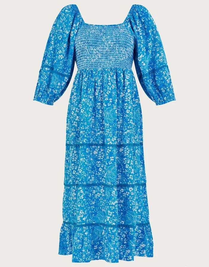 Monsoon Gabby Shirred Dress In Sustainable Viscose Blue Women Midi Dresses Monsoon Gabby Shirred Dress In Sustainable Viscose Blue Women Midi Dresses