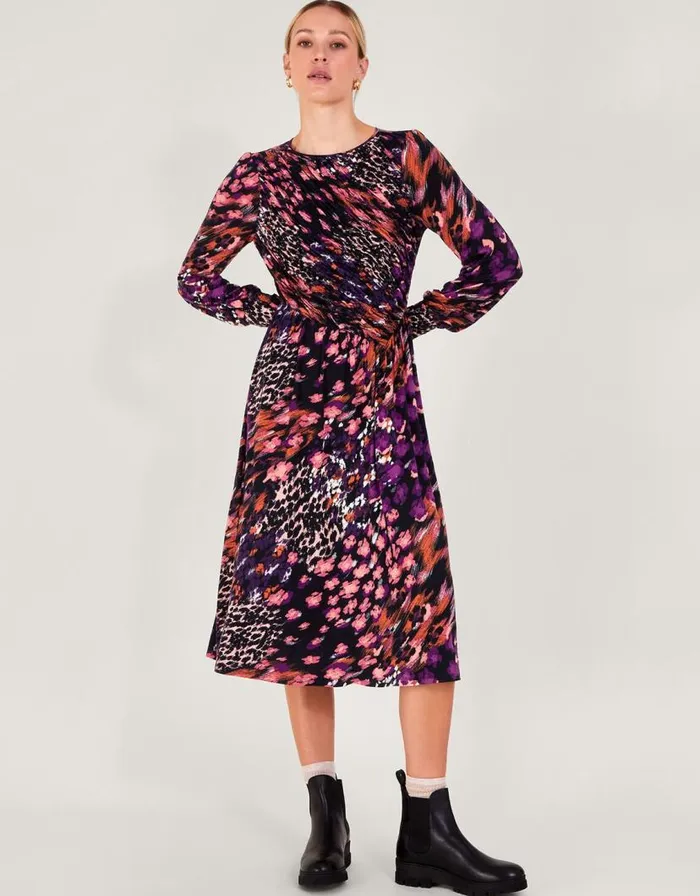 Monsoon Genesis Animal Print Dress Black Women Midi Dresses