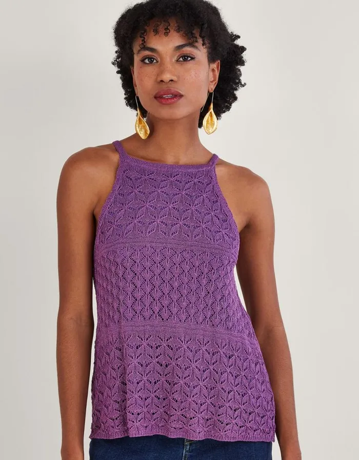 Monsoon Halter Metallic Pointelle Top Pink Women Tops and Blouses
