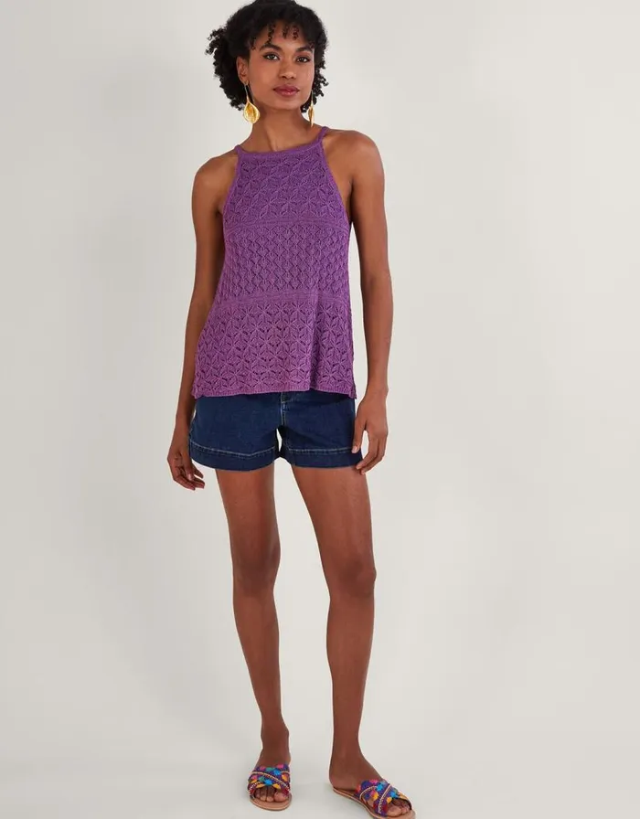 Monsoon Halter Metallic Pointelle Top Pink Women Tops and Blouses Monsoon Halter Metallic Pointelle Top Pink Women Tops and Blouses