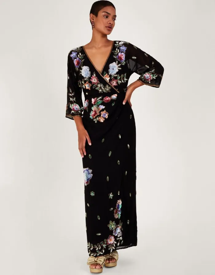 Monsoon Josie Embroidered Wrap Dress Black Women Occasionwear
