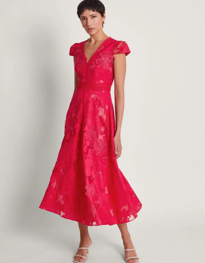 Monsoon Josie Jacquard Tea Dress Red Women Midi Dresses