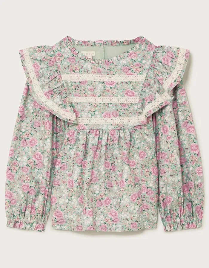 Monsoon Long Sleeve Floral Frill Blouse Green Children Tops and Tshirts