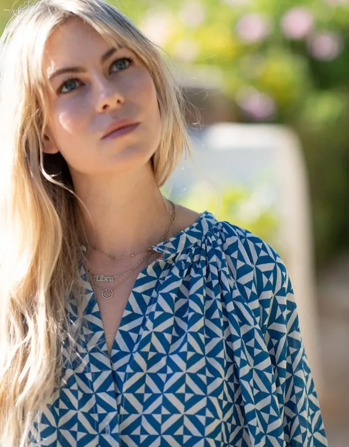 Monsoon Lyrical Sisters Grace Geometric Print Blouse Blue Women Tops and Blouses