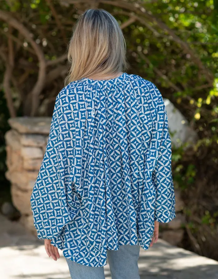 Monsoon Lyrical Sisters Grace Geometric Print Blouse Blue Women Tops and Blouses
