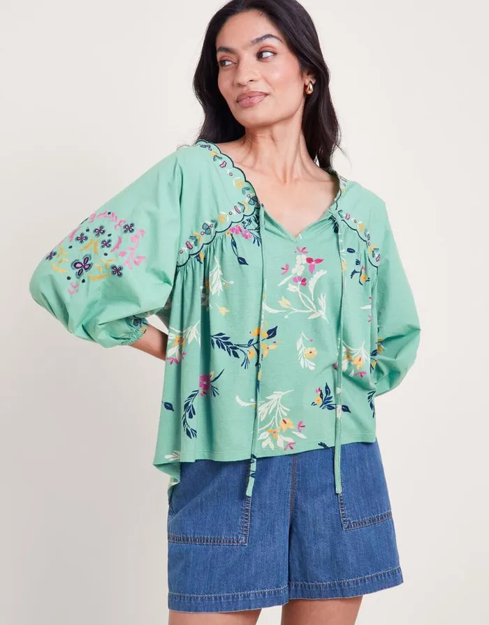 Monsoon Maya Floral Embroidered Top Green Women Tops and Blouses