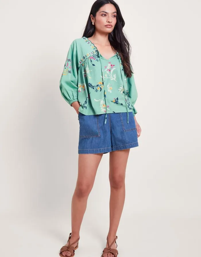 Monsoon Maya Floral Embroidered Top Green Women Tops and Blouses