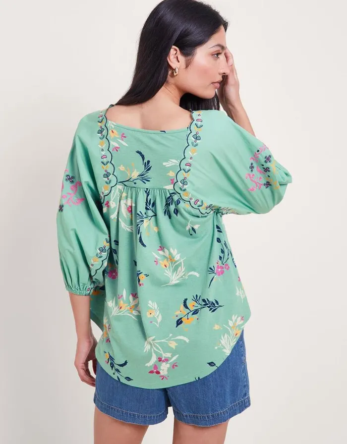 Monsoon Maya Floral Embroidered Top Green Women Tops and Blouses