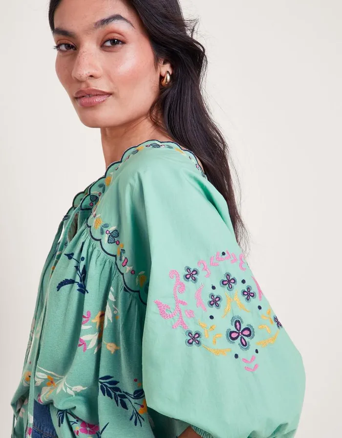 Monsoon Maya Floral Embroidered Top Green Women Tops and Blouses