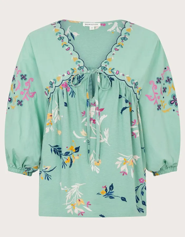 Monsoon Maya Floral Embroidered Top Green Women Tops and Blouses