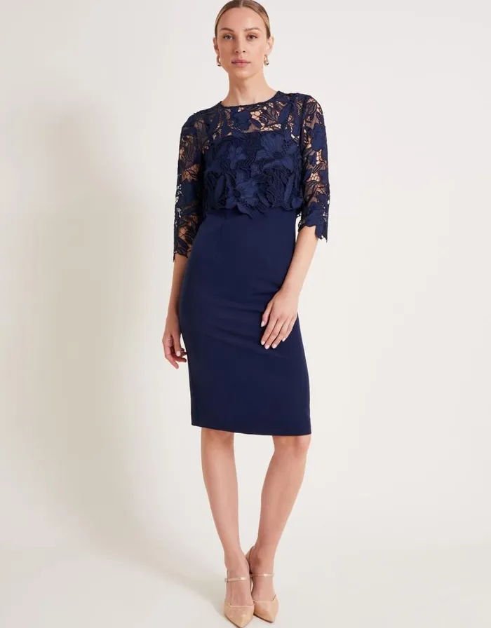 Monsoon Maya Lace Dress Blue Women Midi Dresses