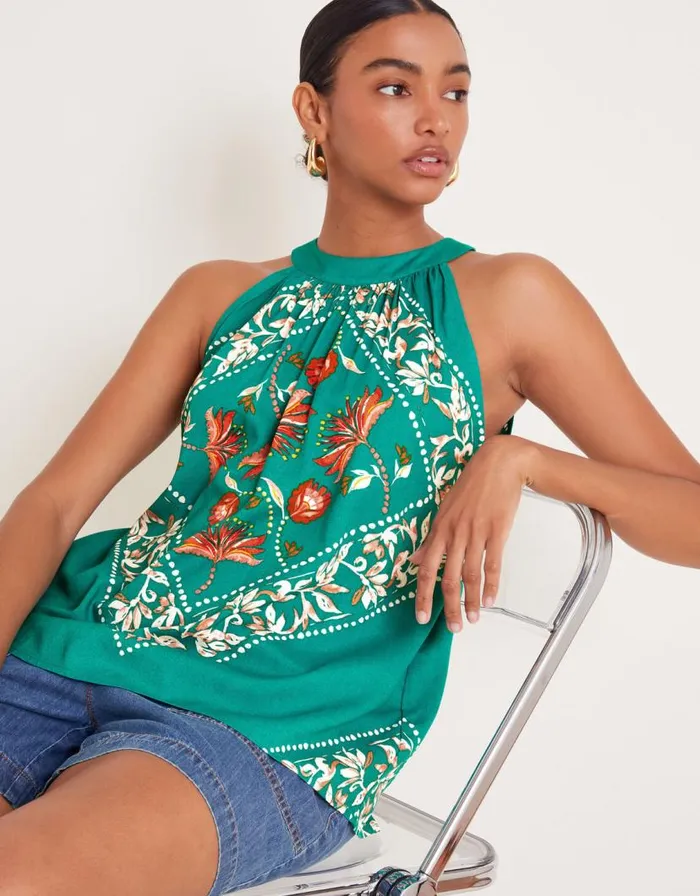 Monsoon Mila Scarf Print Halter Top Teal Women Tops and Blouses