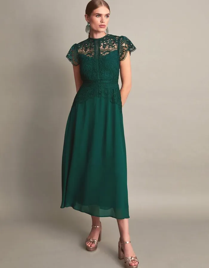 Monsoon Monica Lace Midi Dress Green Women Occasionwear