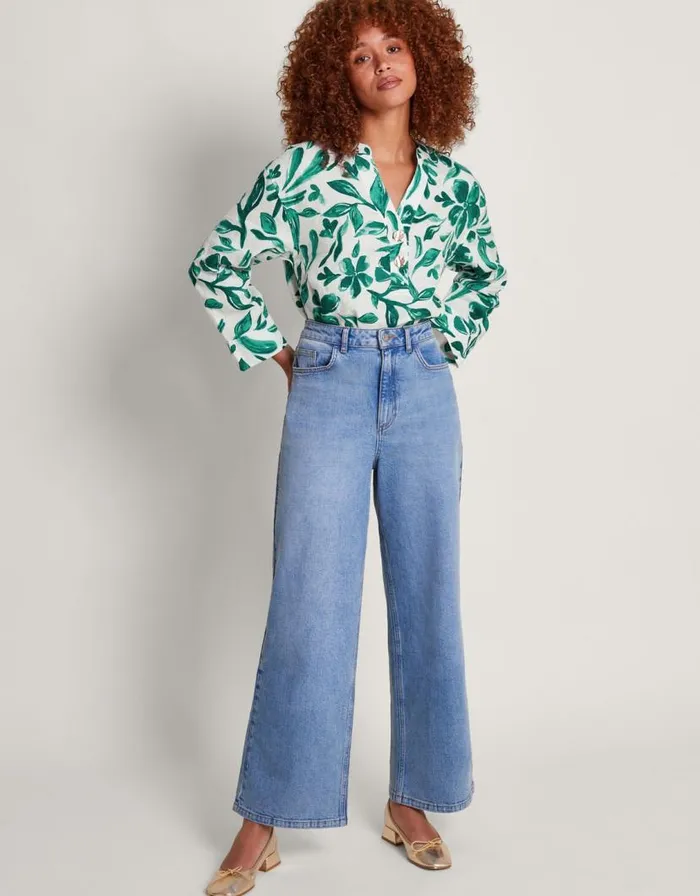 Monsoon Naomi Print Linen Blouse Green Women Tops and Blouses