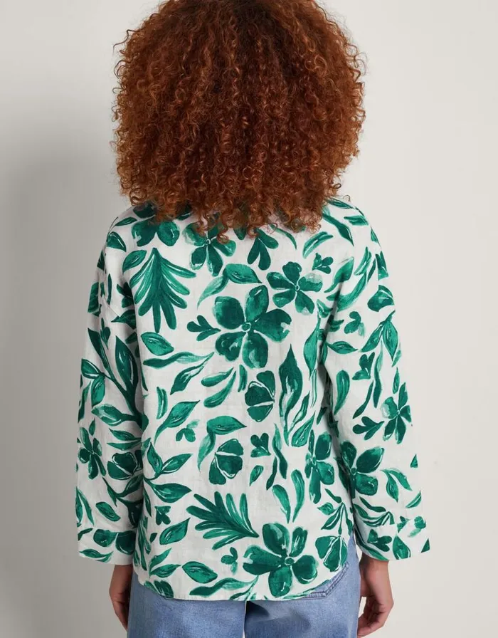 Monsoon Naomi Print Linen Blouse Green Women Tops and Blouses