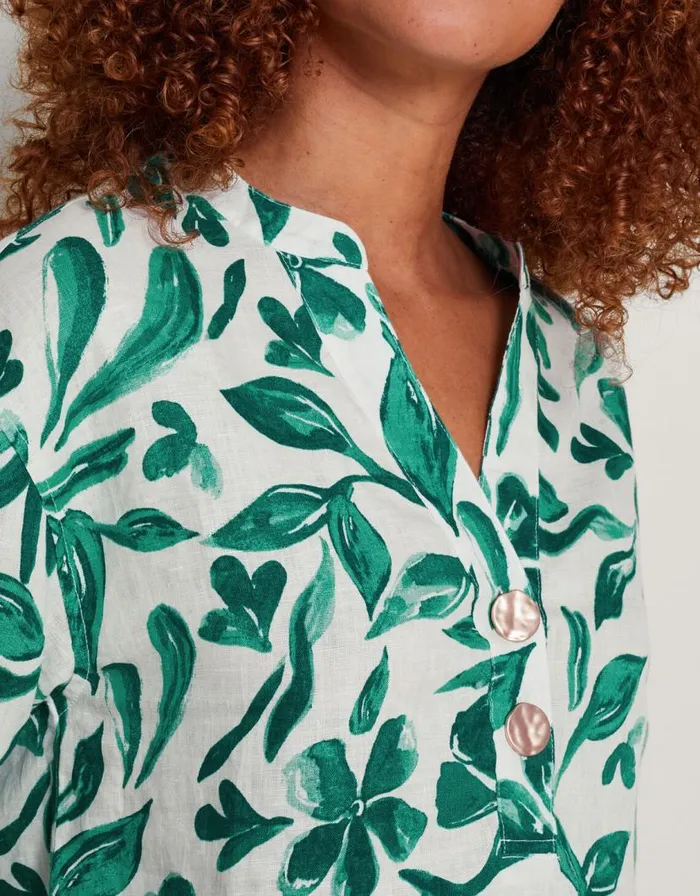 Monsoon Naomi Print Linen Blouse Green Women Tops and Blouses