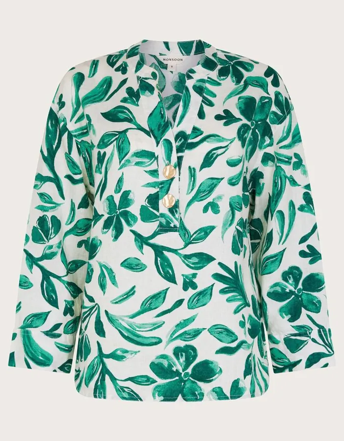 Monsoon Naomi Print Linen Blouse Green Women Tops and Blouses