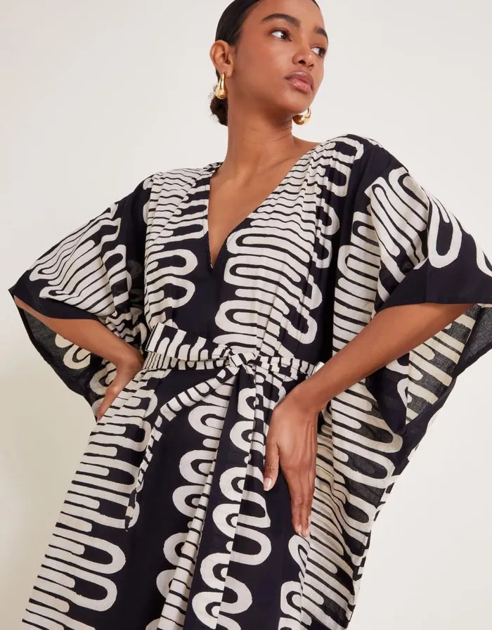Monsoon Orla Geometric Print Kaftan Dress Black Women Beachwear and Swimwear
