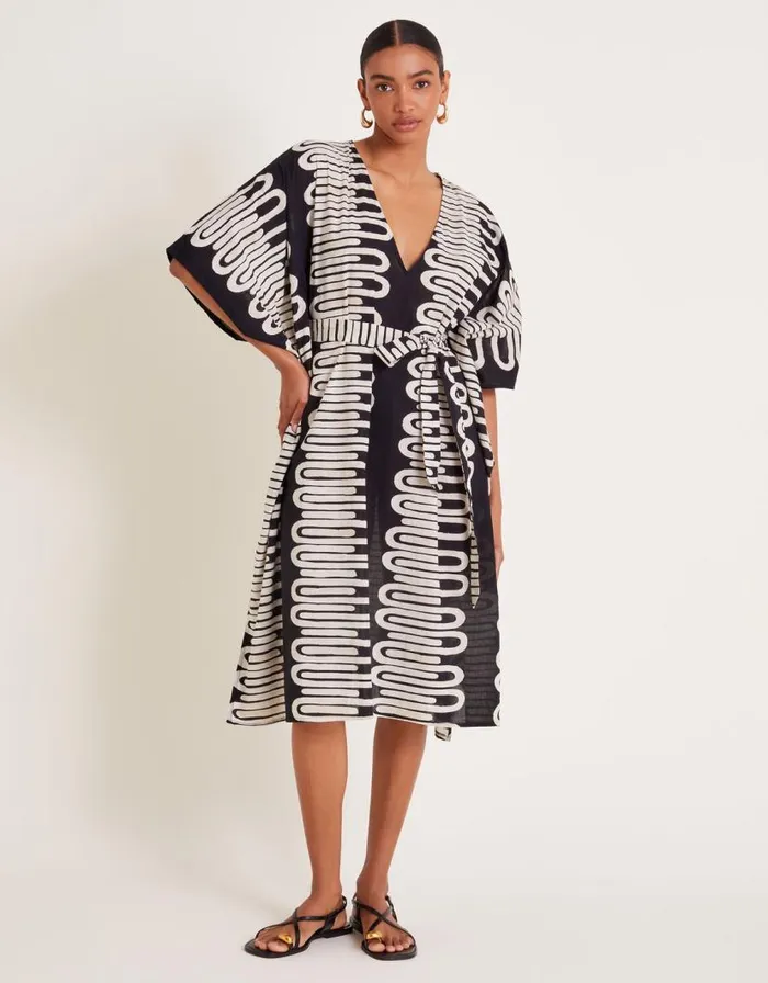 Monsoon Orla Geometric Print Kaftan Dress Black Women Beachwear and Swimwear