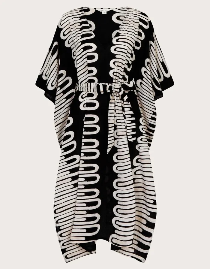 Monsoon Orla Geometric Print Kaftan Dress Black Women Beachwear and Swimwear