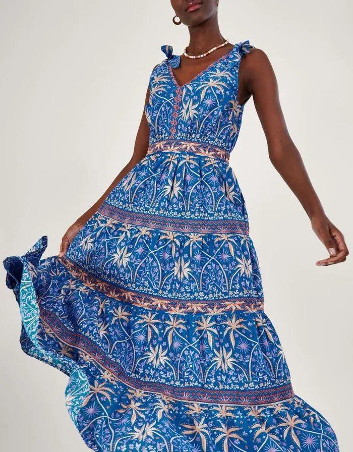 Monsoon Palm Print Midi Dress Blue Women Casualwear