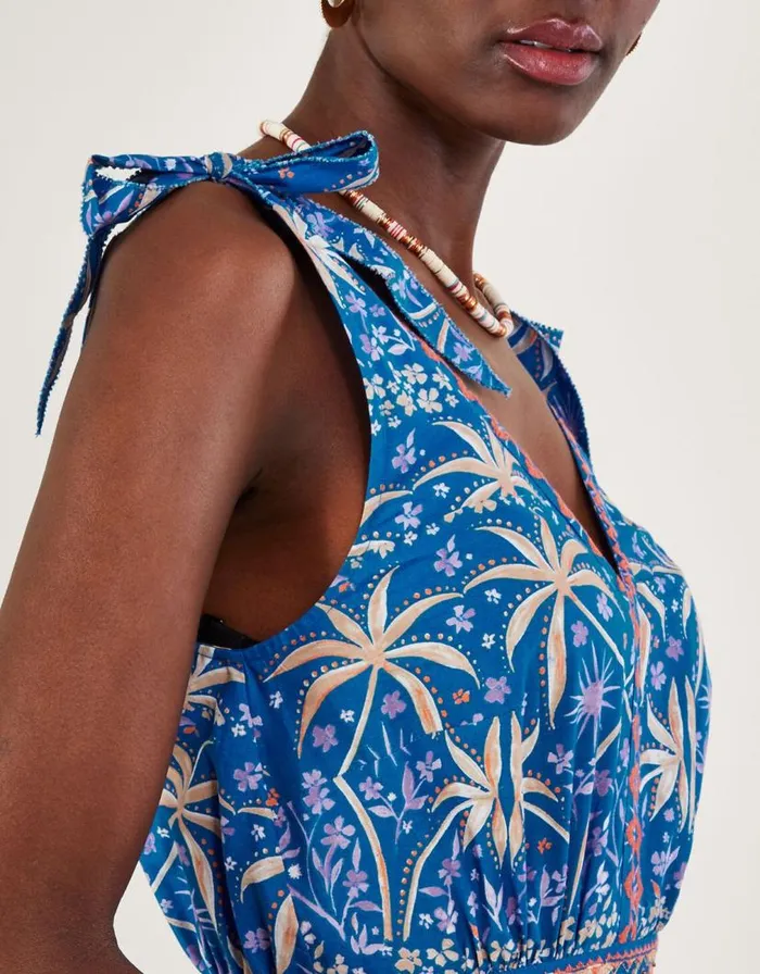 Monsoon Palm Print Midi Dress Blue Women Casualwear Monsoon Palm Print Midi Dress Blue Women Casualwear