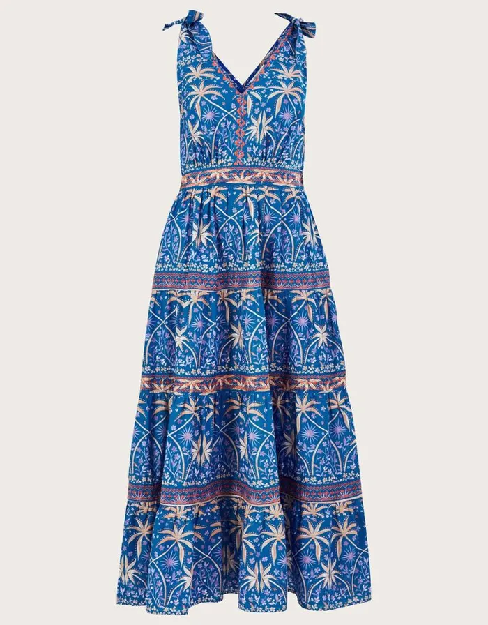 Monsoon Palm Print Midi Dress Blue Women Casualwear Monsoon Palm Print Midi Dress Blue Women Casualwear