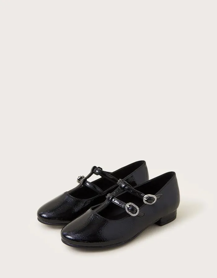 Monsoon Patent TwoStrap Ballerina Flats Black Children Girls039 Shoes and Sandals