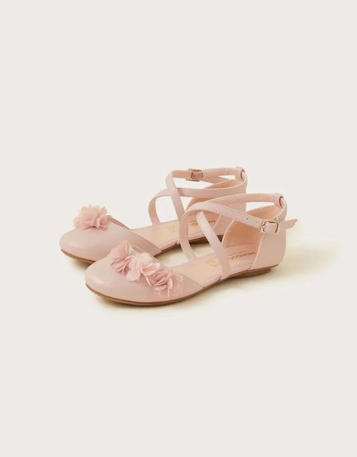 Monsoon PomPom Shimmer Criss Cross Ballerina Flats Pink Children Partywear