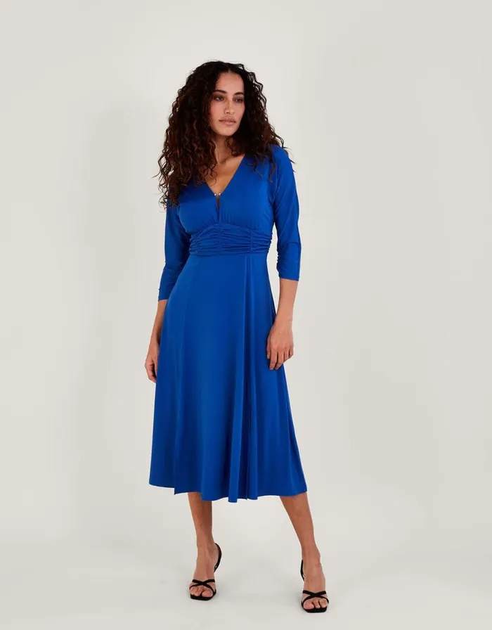 Monsoon Ring Detail Ruched Jersey Midi Dress Blue Women Midi Dresses