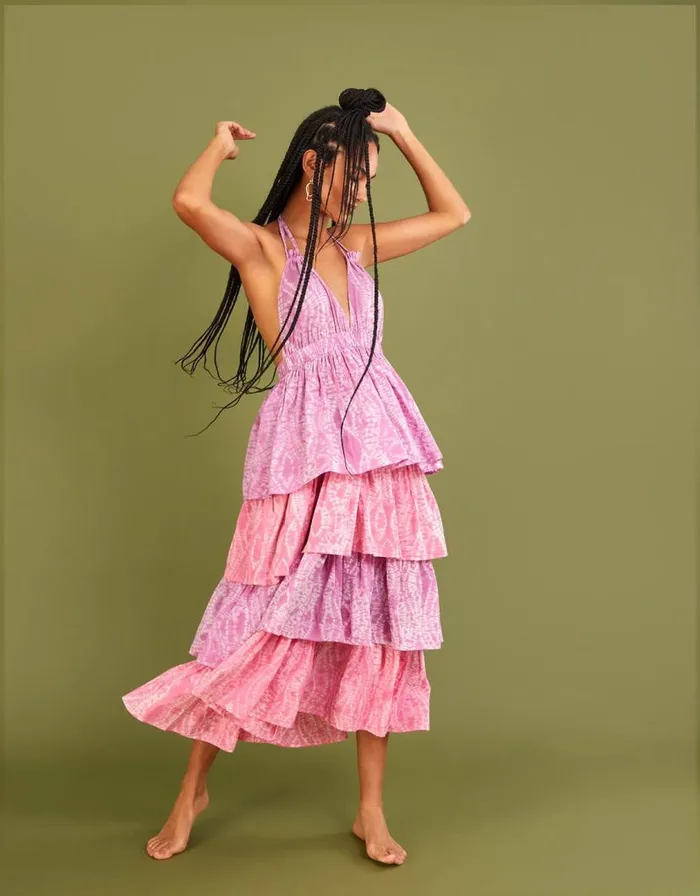 Monsoon Shibori Dye Print Tiered Dress Purple Women Casualwear
