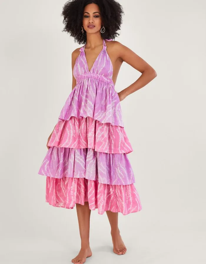 Monsoon Shibori Dye Print Tiered Dress Purple Women Casualwear Monsoon Shibori Dye Print Tiered Dress Purple Women Casualwear